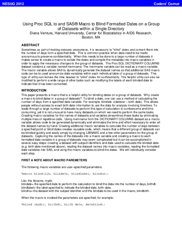 (PDF) Using Proc SQL to and SAS® Macro to Blind Formatted Dates on a ...