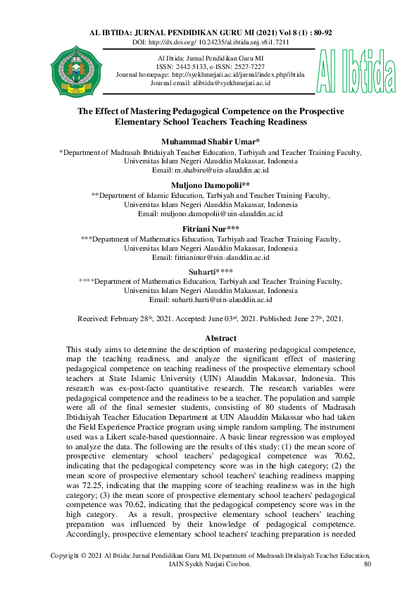 (PDF) The Effect of Mastering Pedagogical Competence on the Prospective ...