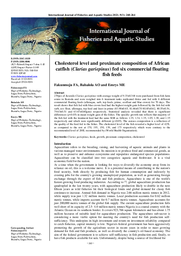 (PDF) Cholesterol level and proximate composition of African catfish (Clarias gariepinus) fed