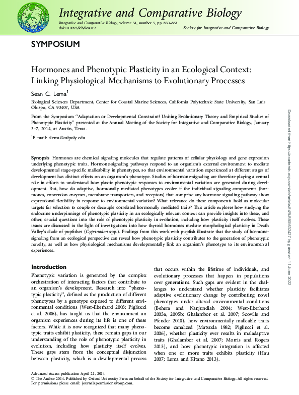 (PDF) Hormones and Phenotypic Plasticity in an Ecological Context ...