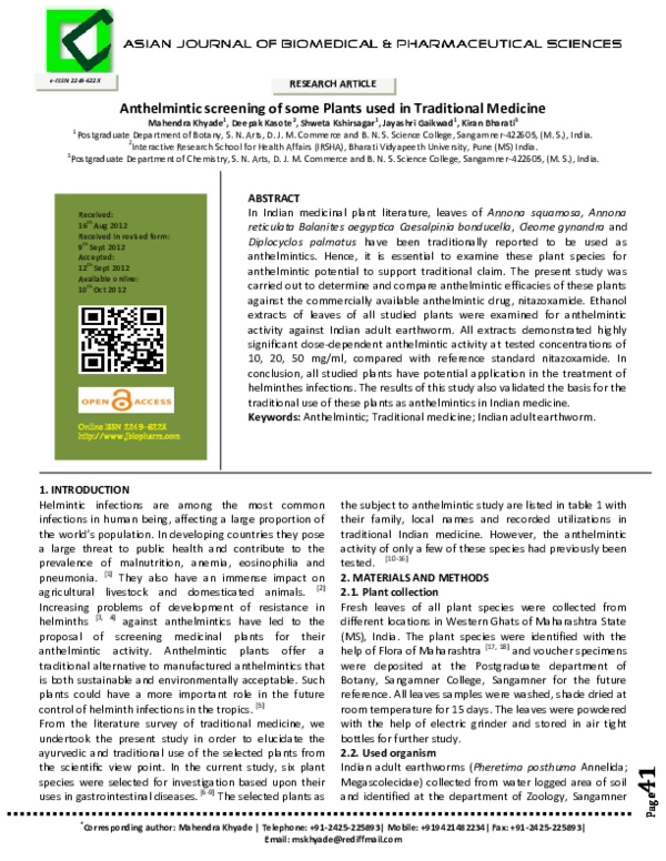 (PDF) Anthelmintic screening of some Plants used In Traditional Medicine