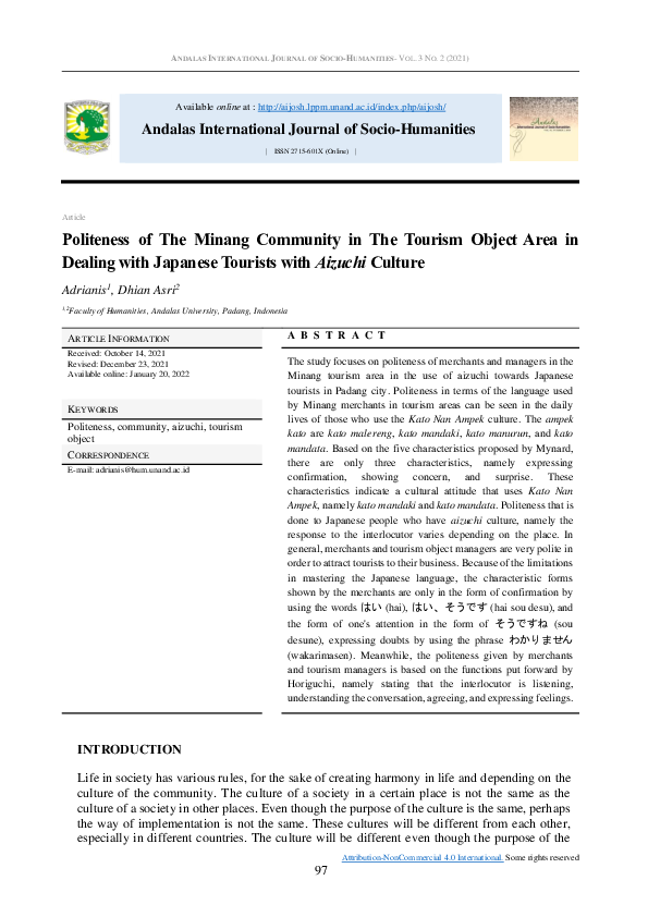 (PDF) Politeness of The Minang Community in The Tourism Object Area in ...