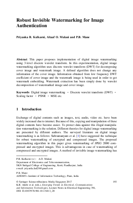 (PDF) Robust Invisible Watermarking for Image Authentication
