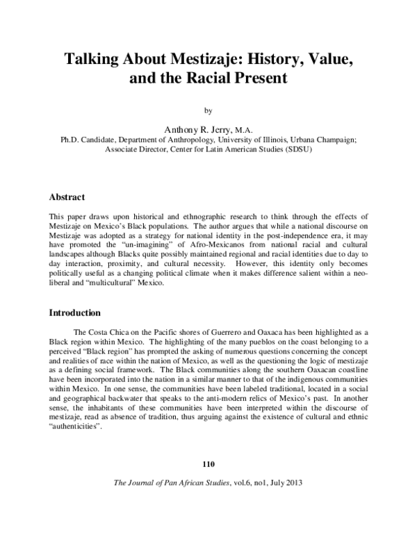 (PDF) Talking about Mestizaje: History, Value, and the Racial Present