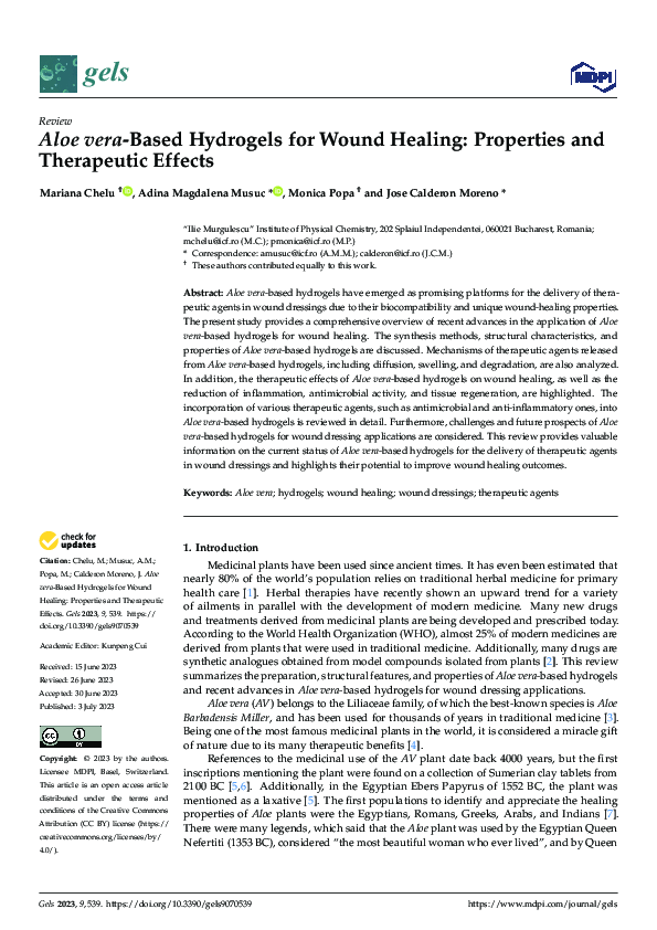 (PDF) Aloe vera-Based Hydrogels for Wound Healing: Properties and ...
