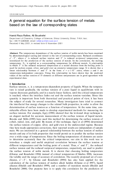 (PDF) A general equation for the surface tension of metals based on the ...
