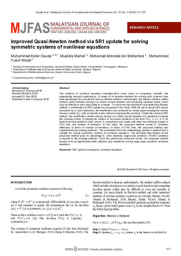(PDF) Improved quasi-newton method via SR1 update for solving symmetric ...