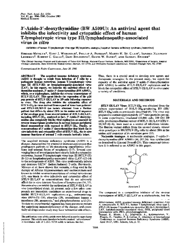 (PDF) 3'-Azido-3'-deoxythymidine (BW A509U): an antiviral agent that ...