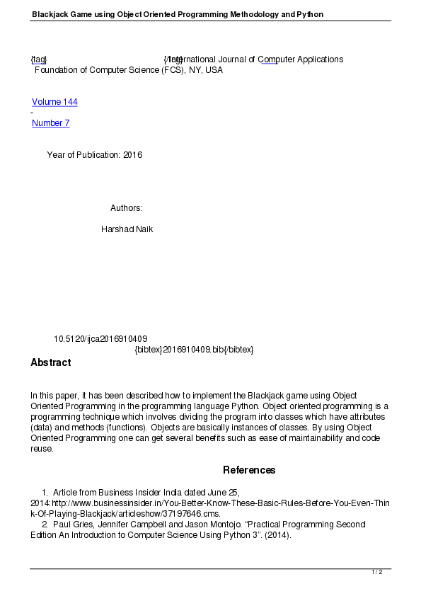 (PDF) Blackjack Game using Object Oriented Programming Methodology and ...