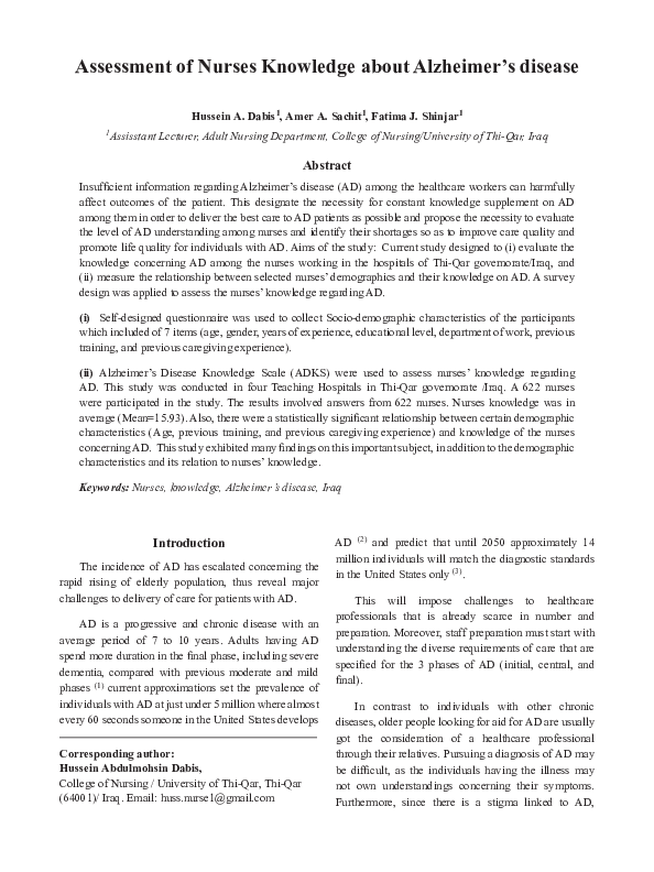 (PDF) Assessment of Nurses Knowledge about Alzheimer’s disease