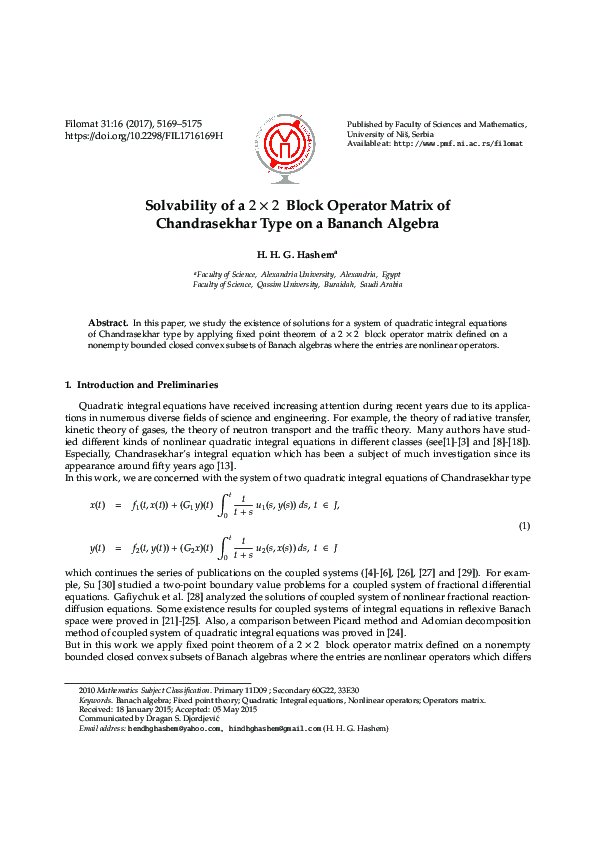 (PDF) Solvability of a 2 x 2 block operator matrix of chandrasekhar ...