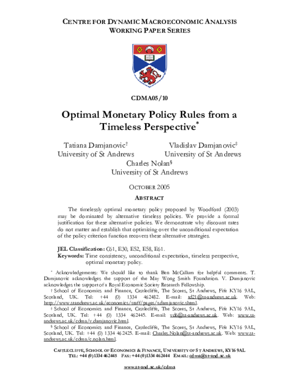 (PDF) Optimal Monetary Policy Rules from a Timeless Perspective