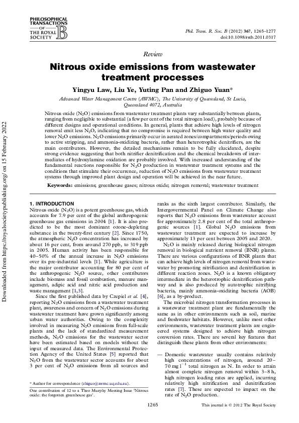 (PDF) Nitrous Oxide Emissions from Wastewater Treatment and Water ...