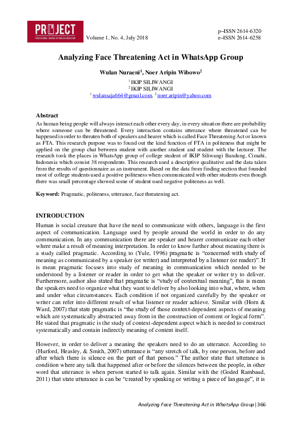 (PDF) Analyzing Face Threatening Act in Whatsapp Group Wulan Nuraeni