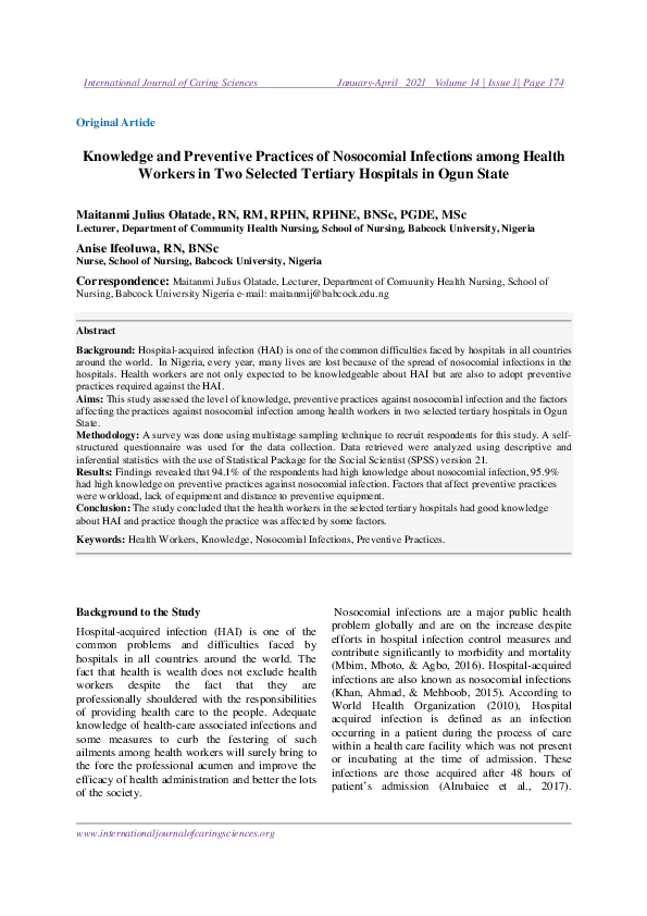 (PDF) Knowledge and Preventive Practices of Nosocomial Infections among ...