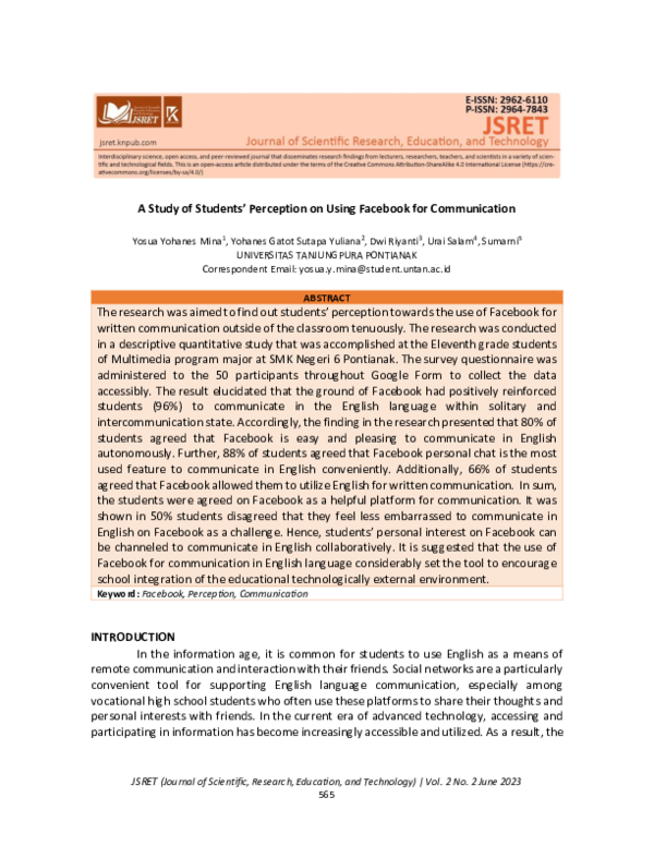 (PDF) Study of Students’ Perception on Using Facebook for Communication