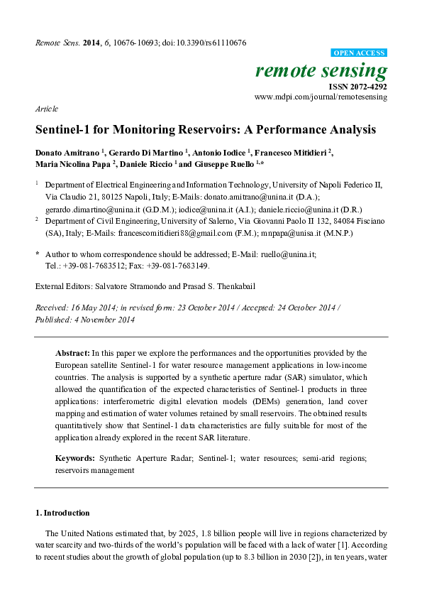 (PDF) Article Sentinel-1 for Monitoring Reservoirs: A Performance Analysis