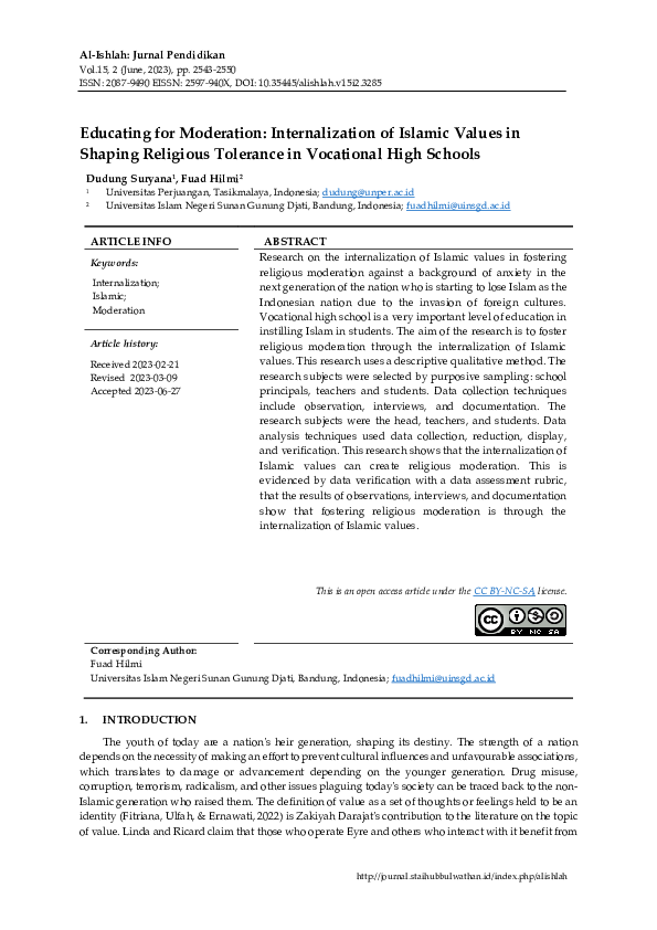 (PDF) Educating for Moderation: Internalization of Islamic Values in ...