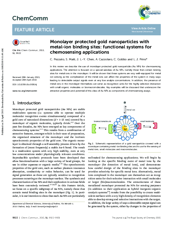 (PDF) Monolayer protected gold nanoparticles with metal-ion binding ...