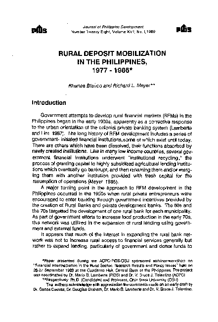 (PDF) Rural Deposit Mobilization in the Philippines, 1977-1986