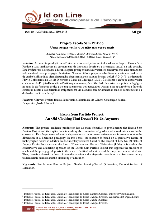 (PDF) Projeto Escola Sem Partido: Uma roupa velha que não nos serve mais