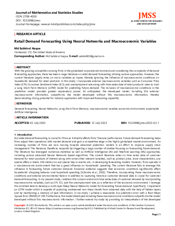 (PDF) Retail Demand Forecasting Using Neural Networks and Macroeconomic ...