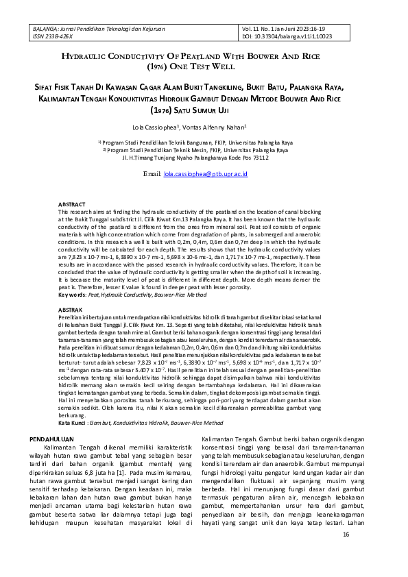(PDF) HYDRAULIC CONDUCTIVITY OF PEATLAND WITH BOUWER AND RICE (1976 ...