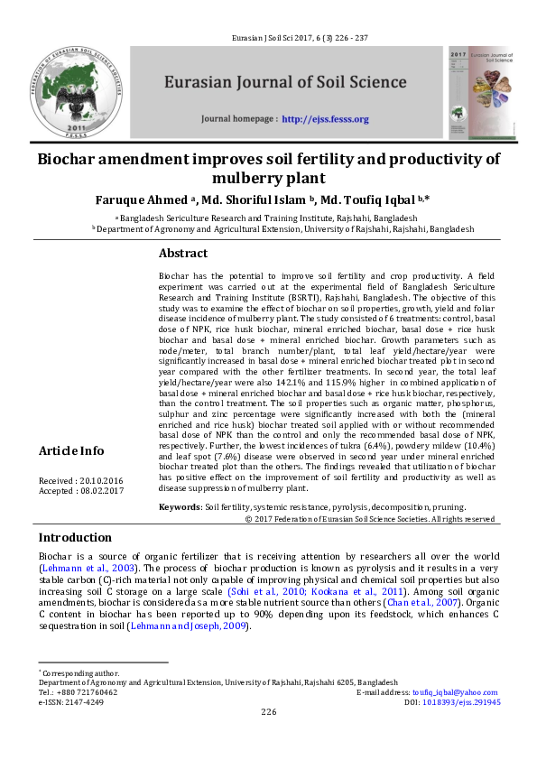 (PDF) Biochar amendment improves soil fertility and productivity of ...