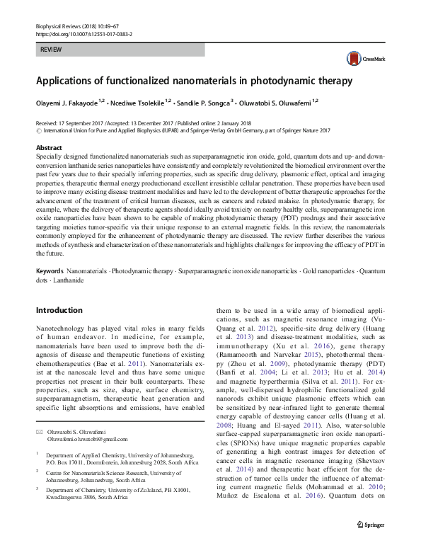 (PDF) Applications of functionalized nanomaterials in photodynamic therapy