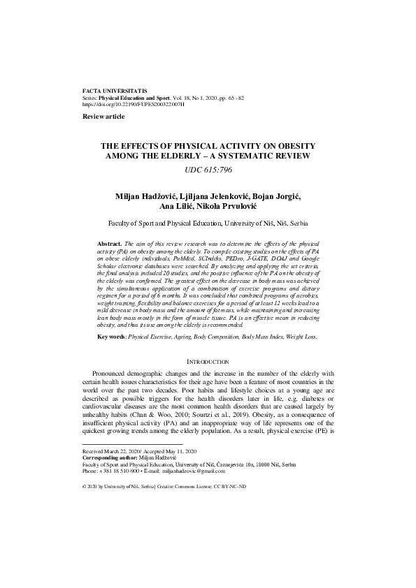(PDF) The Effects of Physical Activity on Obesity Among the Elderly – a ...