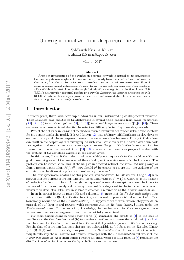 (PDF) On weight initialization in deep neural networks
