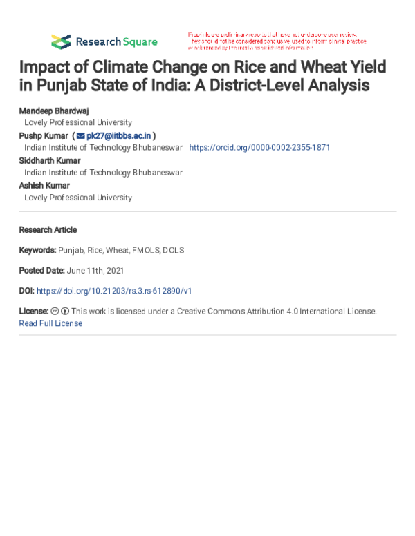 (PDF) Impact of Climate Change on Rice and Wheat Yield in Punjab State ...