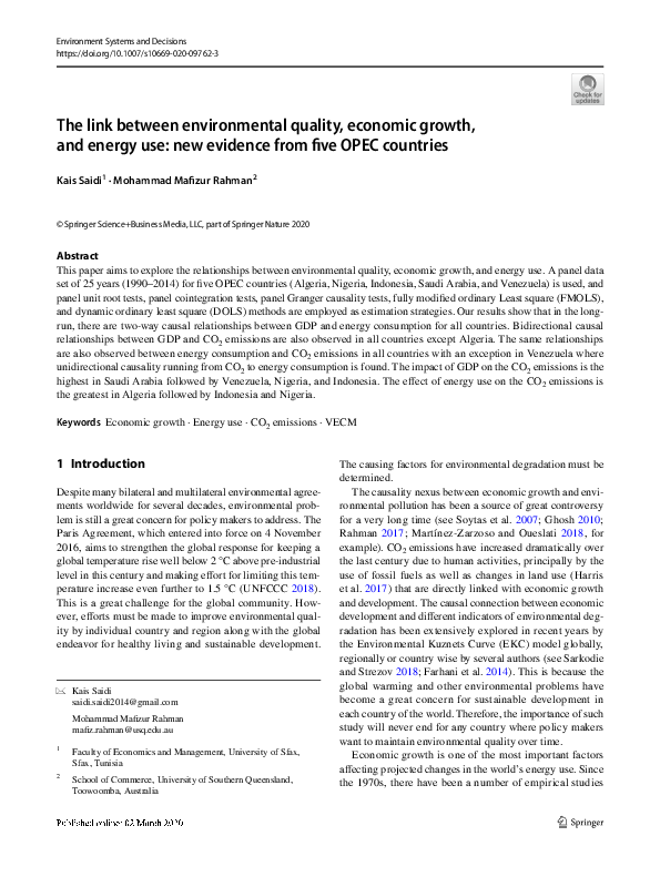 (PDF) The link between environmental quality, economic growth, and ...