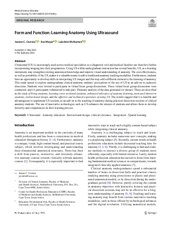 (PDF) Form and Function: Learning Anatomy Using Ultrasound