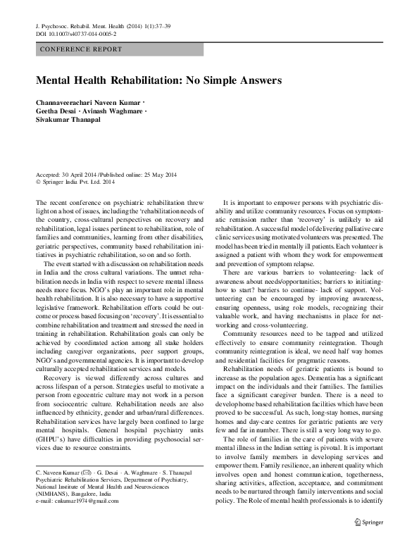 (PDF) Mental Health Rehabilitation: No Simple Answers