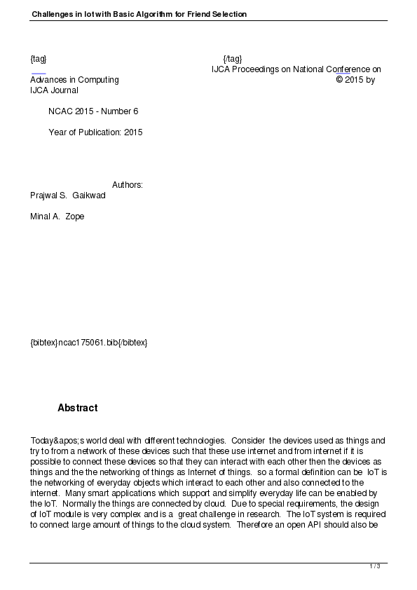 (PDF) Challenges in Iot with Basic Algorithm for Friend Selection