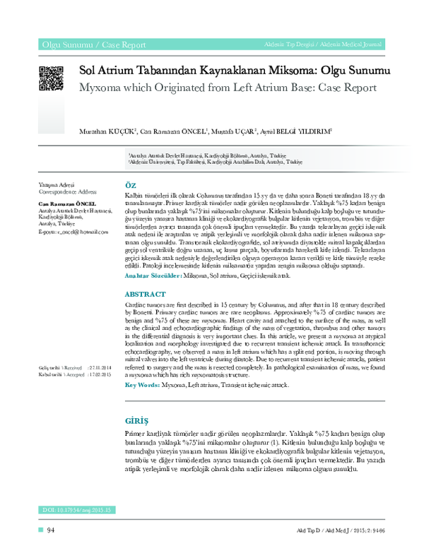 (PDF) Sol Atrium Tabanından Kaynaklanan Miksoma: Olgu Sunumu