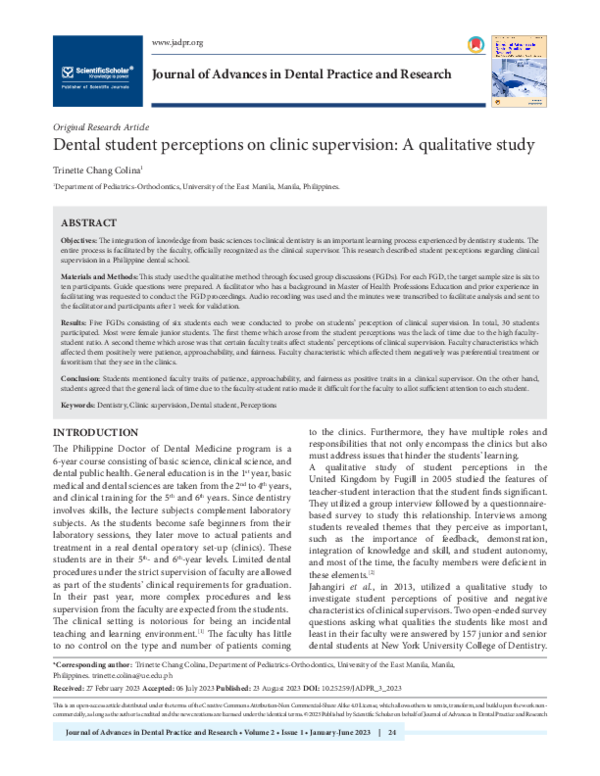 (PDF) Dental student perceptions on clinic supervision: A qualitative study