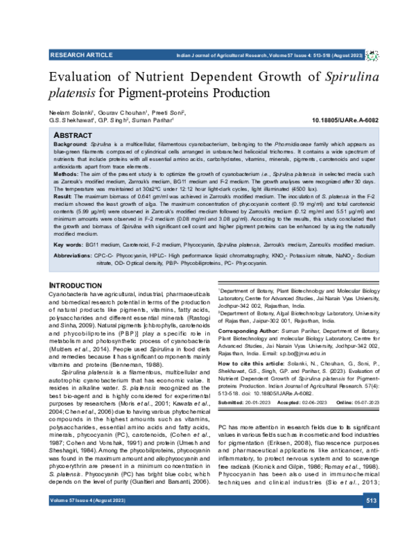 (PDF) Evaluation of Nutrient Dependent Growth of Spirulina platensis ...