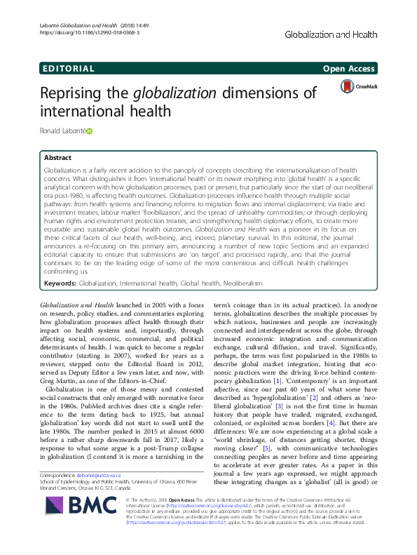 (PDF) Reprising the globalization dimensions of international health