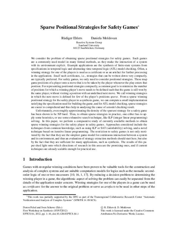 (PDF) Sparse Positional Strategies for Safety Games