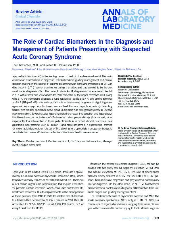 (PDF) The Role of Cardiac Biomarkers in the Diagnosis and Management of ...