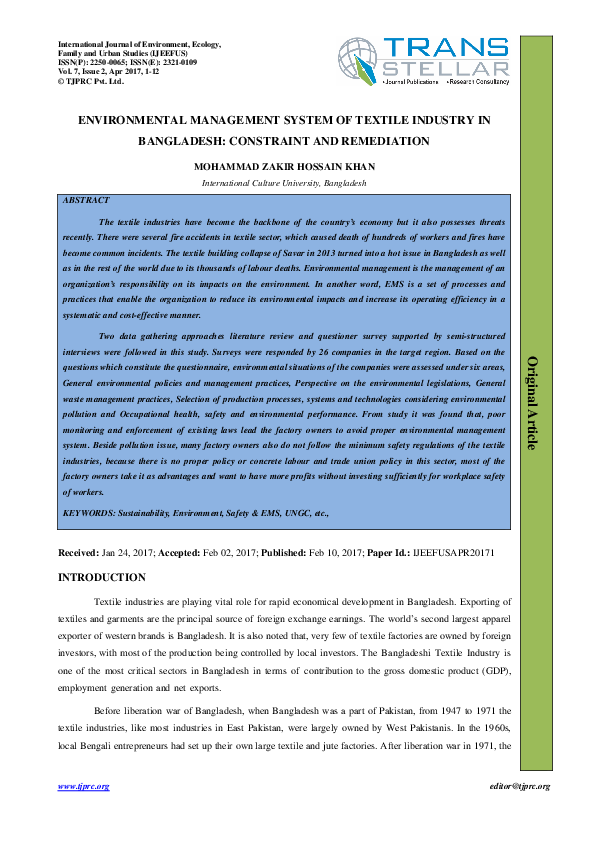 (PDF) ENVIRONMENTAL MANAGEMENT SYSTEM OF TEXTILE INDUSTRY IN BANGLADESH ...