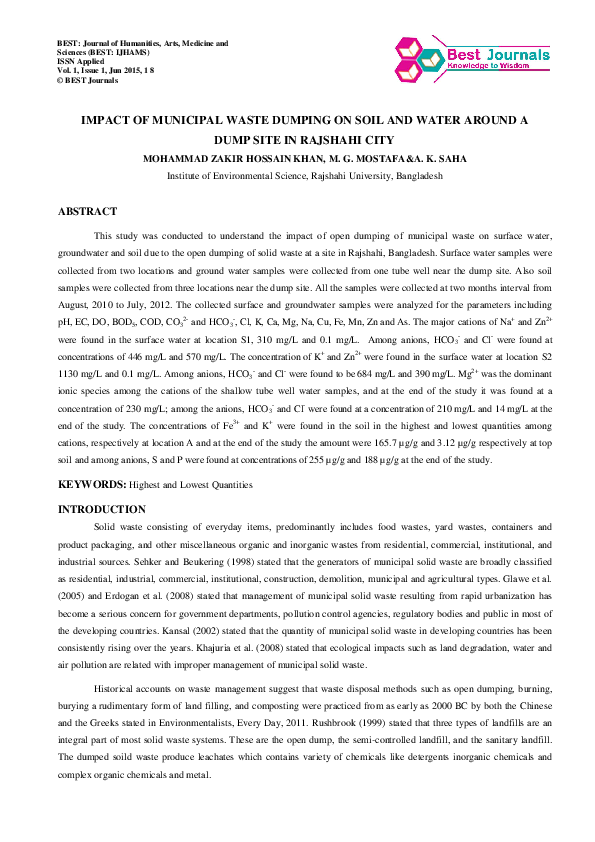 (PDF) IMPACT OF MUNICIPAL WASTE DUMPING ON SOIL AND WATER AROUND A DUMP ...