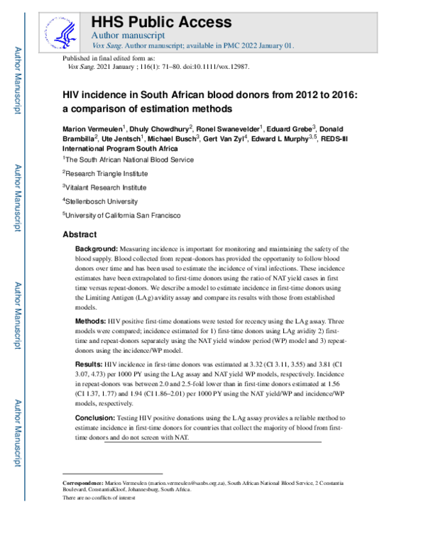(PDF) HIV incidence in South African blood donors from 2012 to 2016: a ...