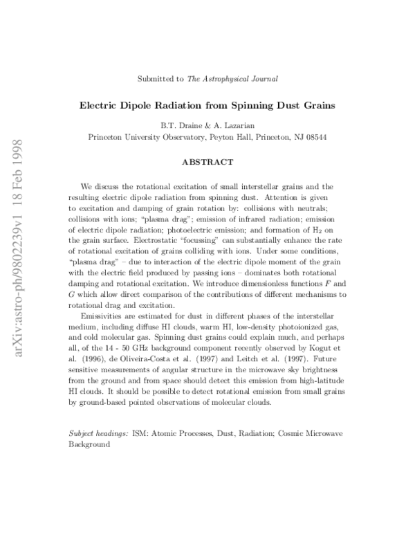 (PDF) Electric Dipole Radiation from Spinning Dust Grains