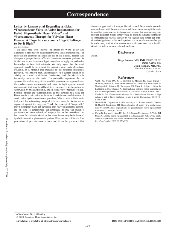 (PDF) Letter by Lozano et al Regarding Articles, "Transcatheter Valve