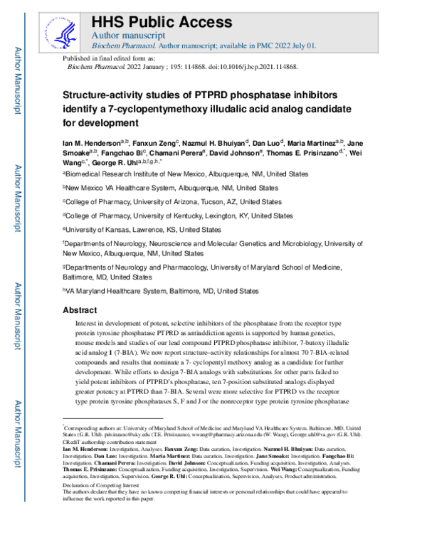 (PDF) Structure-activity studies of PTPRD phosphatase inhibitors ...
