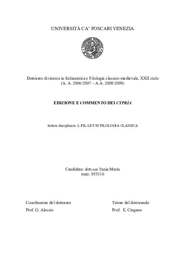 (PDF) Edizione e commento dei Cypria