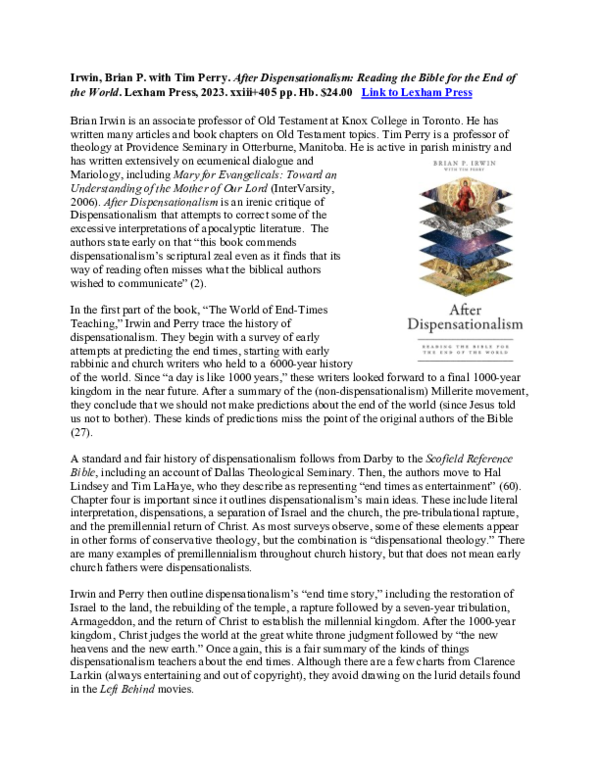 (PDF) Brian P. Irwin with Tim Perry. After Dispensationalism: Reading ...
